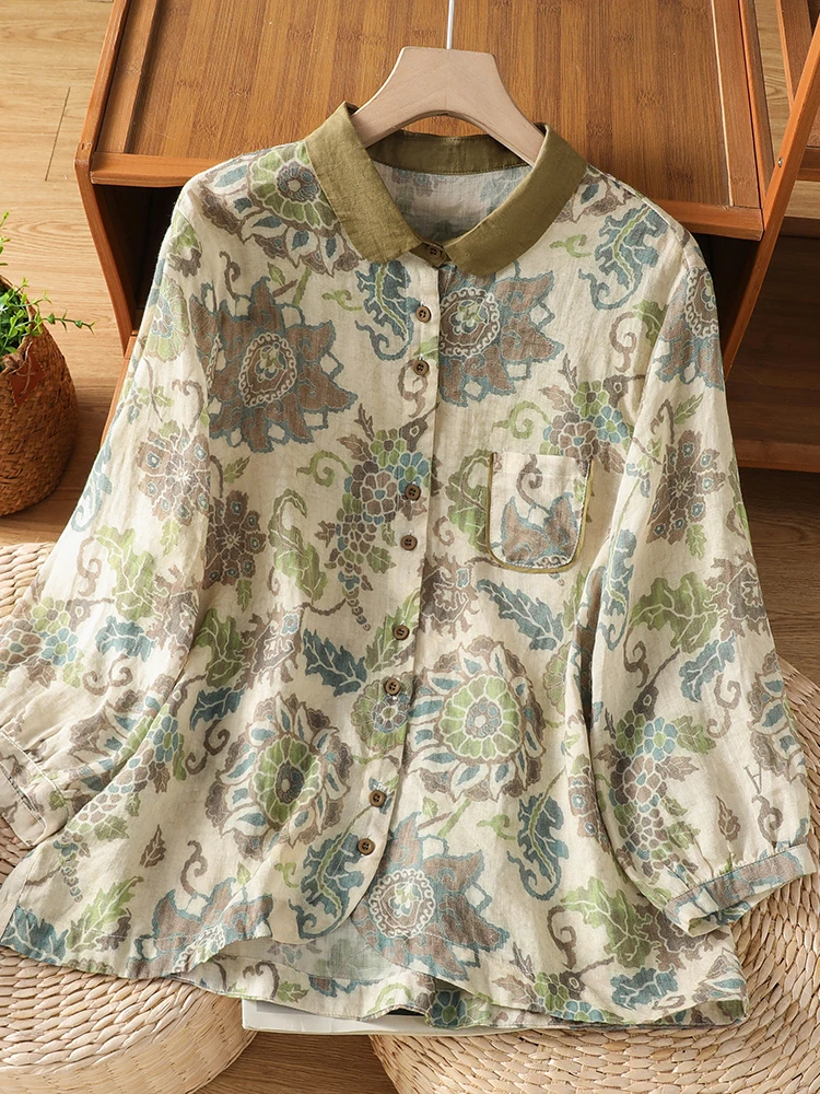 

Casual Floral Print Loose Fit Seven-Quarter Sleeve Shirt for plus Size Women Summer Fashionable Artistic Versatile Slimming Top