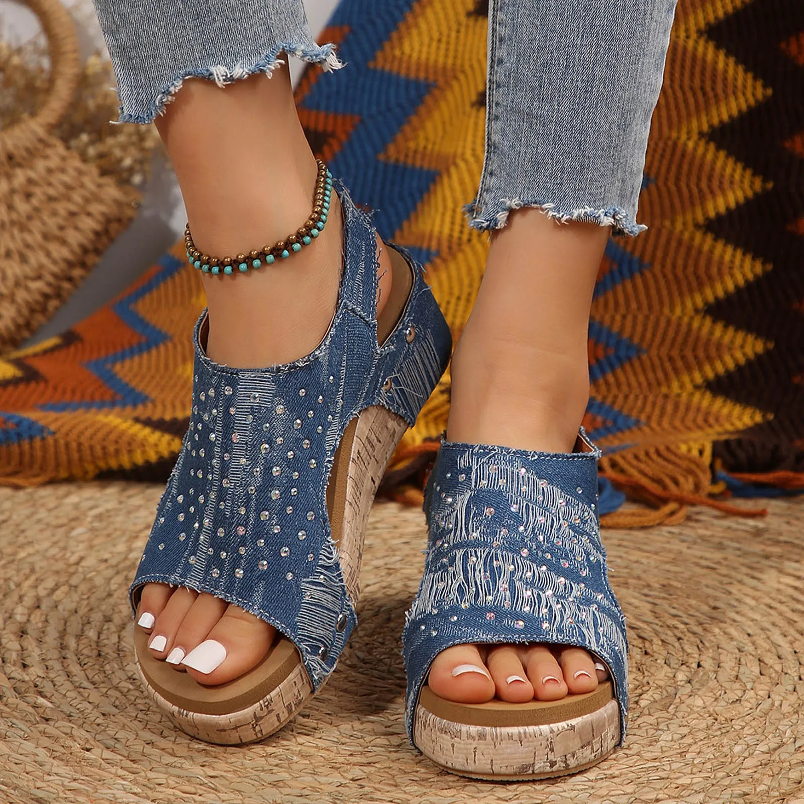 

Women's High Heeled Thick Soled Sandals Fashionable Rhinestone Denim Sandals Fashion Sandals for Women Slides