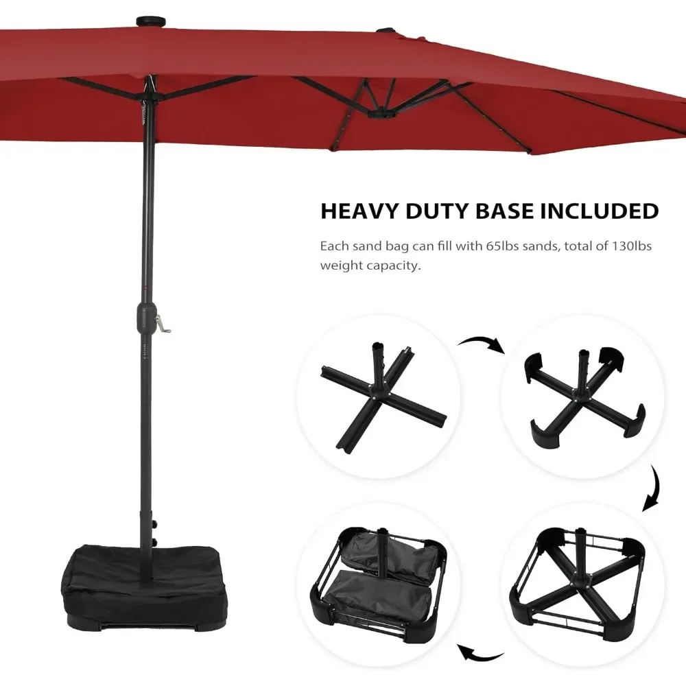 Grand parapluie double face avec base incluse, couverture de parapluie, lumières solaires, extérieur, 40LED, 15 pi