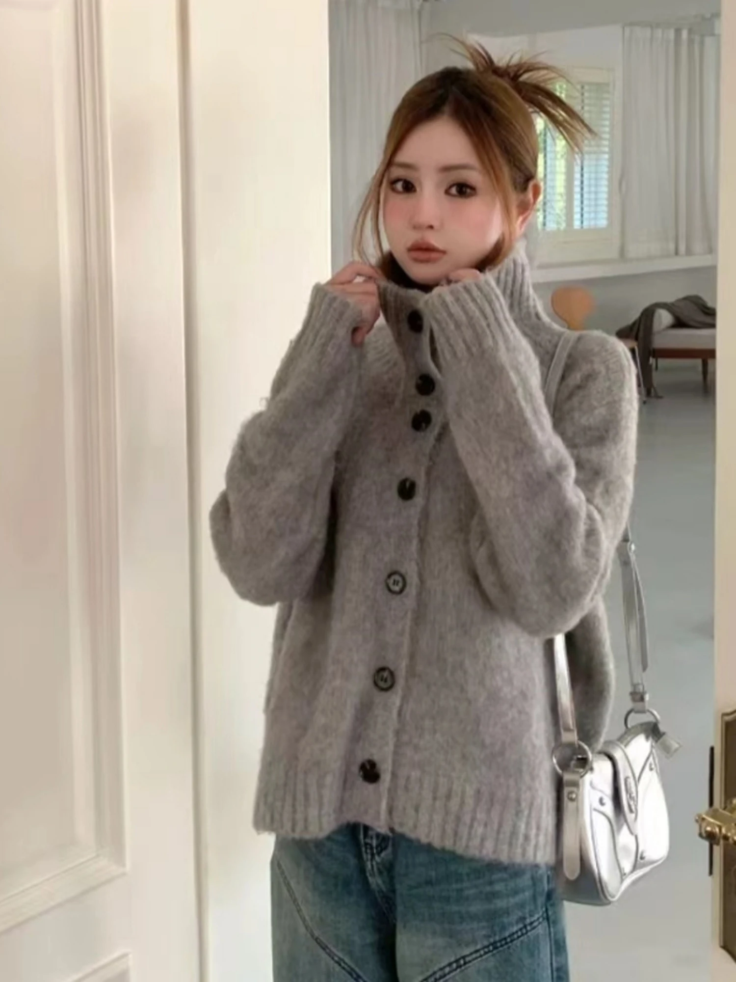 Gray High Neck Knitted Sweater Women's Loose Lazy Style Autumn Winter Fashion Outerwear Single Button Cardigan Coat
