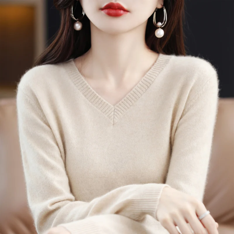 Cashmere Sweater Women Knitted Sweaters 100% Pure Merino Wool 2023 Winter Fashion V-Neck Top Autumn Warm Pullover Jumper Clothes