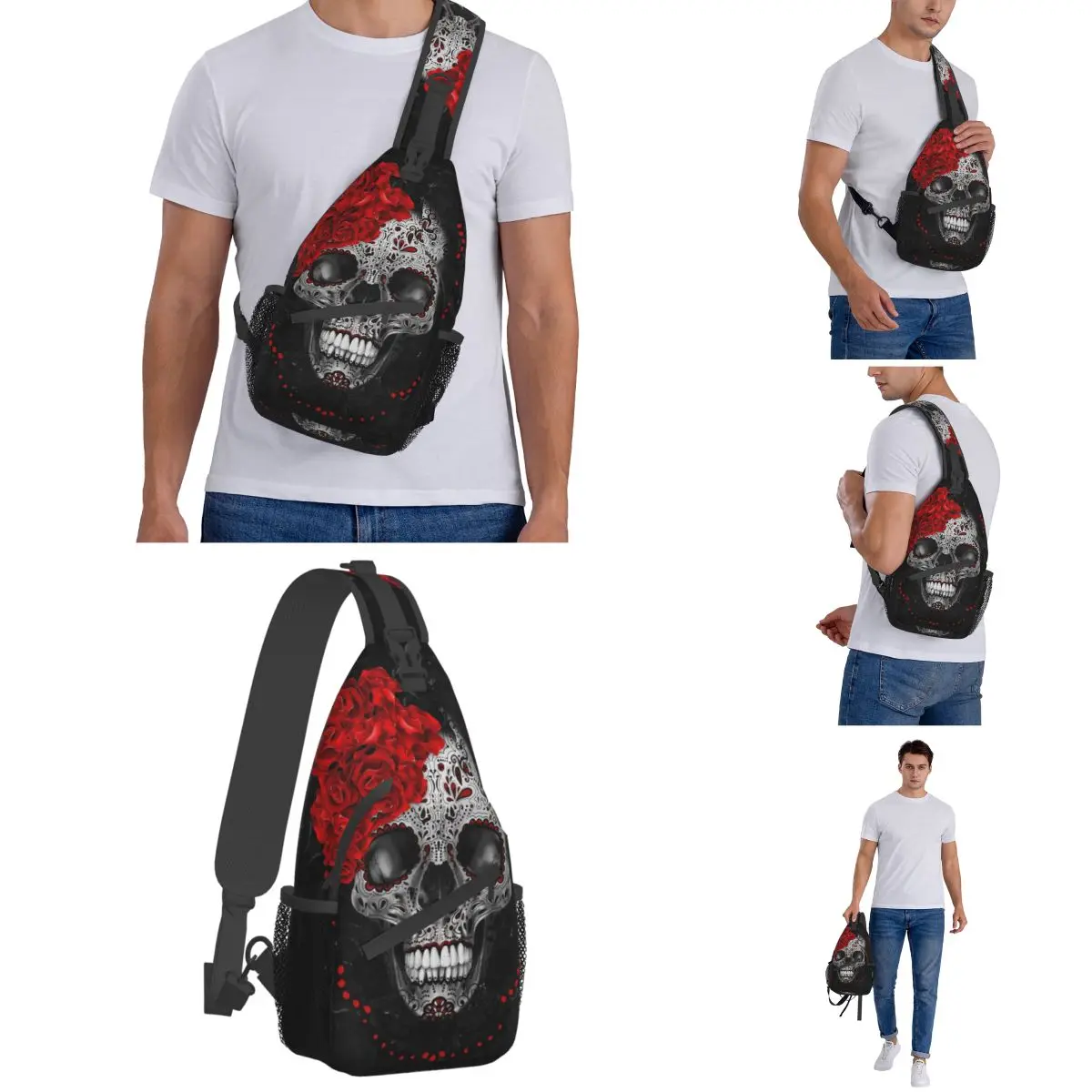 Sugar Skull-Sac à bandoulière en dentelle rose noire, sac à dos de poitrine cool, sac à dos initié, sac à dos pour la randonnée, sac à livres de sports de plein air