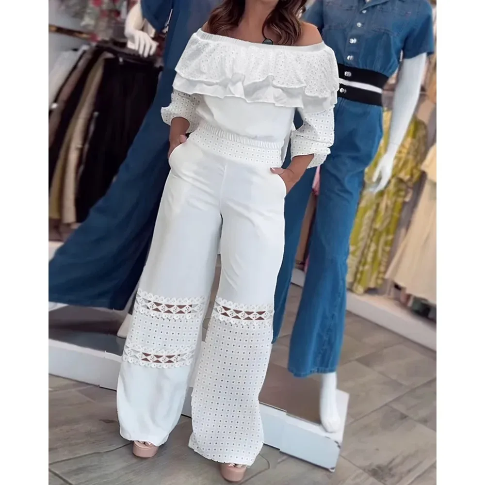 2 Pices Set Outfits Women Off Shoulder Long Sleeve Top and Wide Leg Pants Set Elegant Two Pieces Sets y2k Outfits