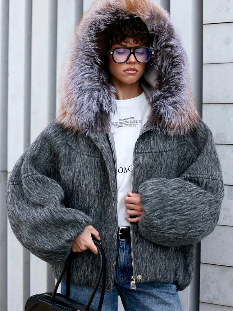 Women Warm Winter Wool Woolen Jackets  Real Fox Fur Collar Hooded Goose Down JacketThick Female Outwear Coat Puffer Jacket