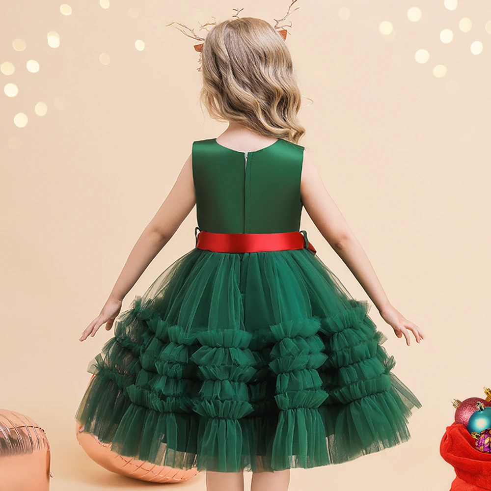 Fluffy Christmas Girl Party Dresses Bow Birthday Bridesmaid Princess Dress for Girls Children Costume Wedding Prom Lace Vestidos