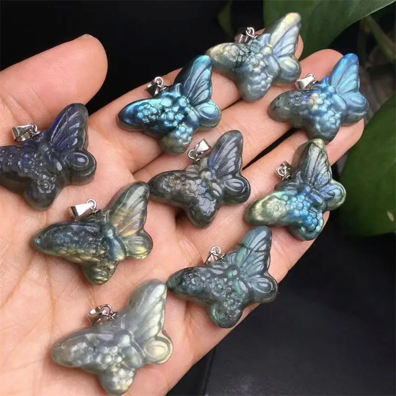 S925 Natural Colored Labradorite Butterfly Pendant Crystal Carving Polishing Mature Charm Jewelry Birthday Holiday Gift 1pcs