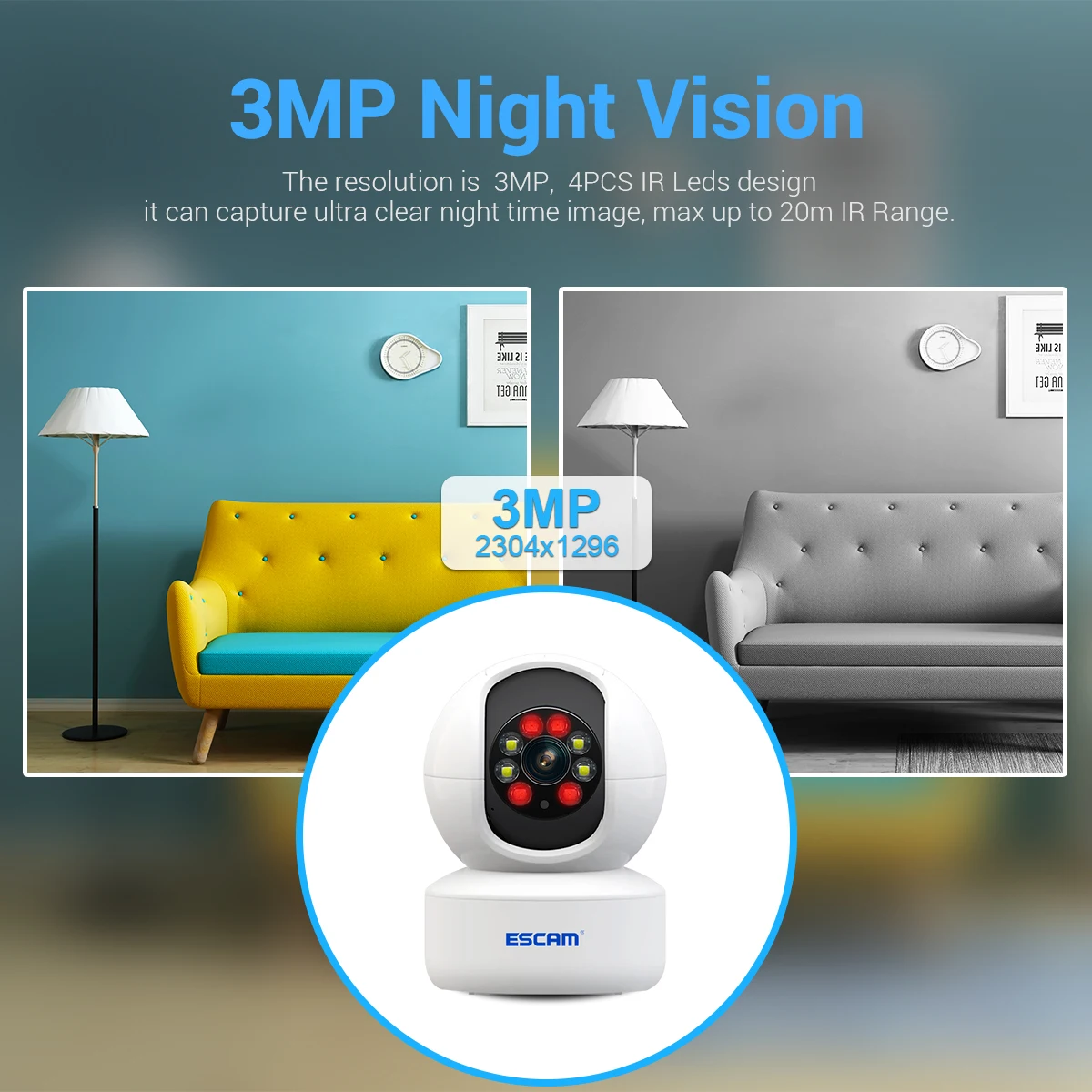 ESCAM QF005 3MP 1296P iCsee APP Wireless PTZ IP Dome Camera AI Umanoide Auto Tracking Full Color Home Security Baby Monitor