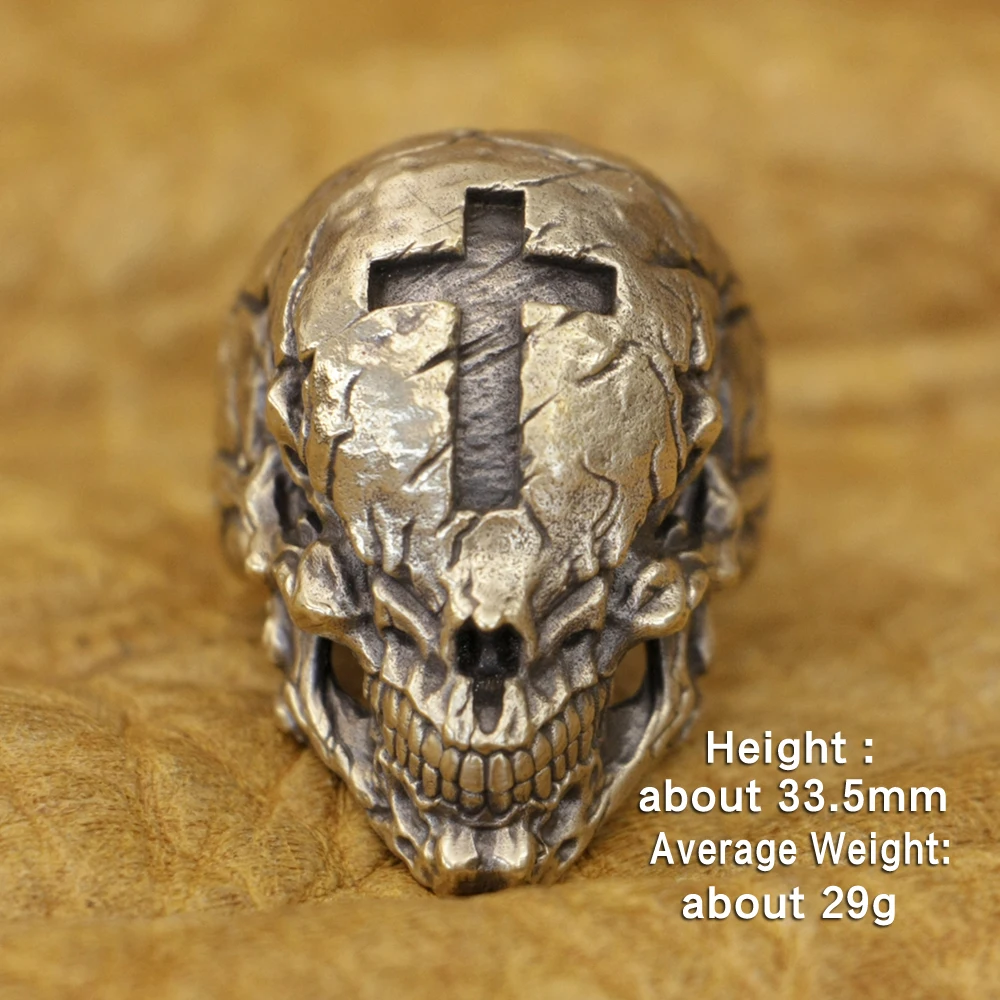 LINSION Brass Cross Skulls Ring Mens Biker Punk Jewelry BR422 US Size 7~15