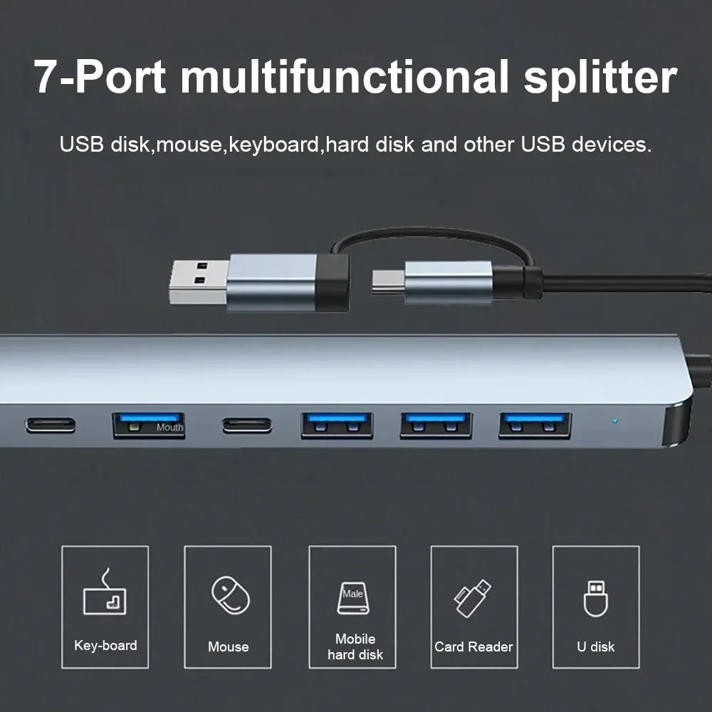 

2 in 1 Multi-Port USB Splitter Type-C Expander 4/7 Port USB3.0 High Speed for Laptops & Desktops