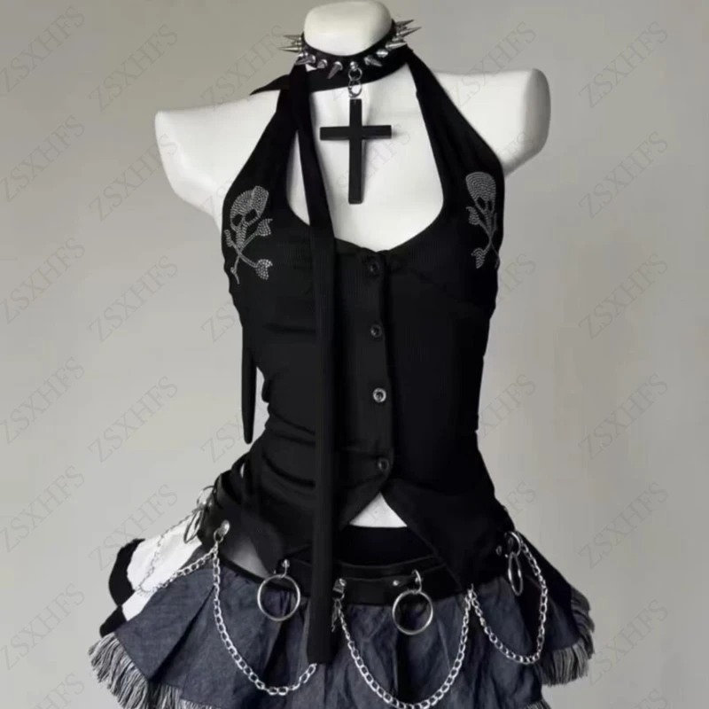 Gothic EMO Sexy Camis Y2k Top For Women 2000s Vintage Summer Skulls Hot Fix Punk Hip hop Gyaru Halter Sling Tops Femme Harajuku
