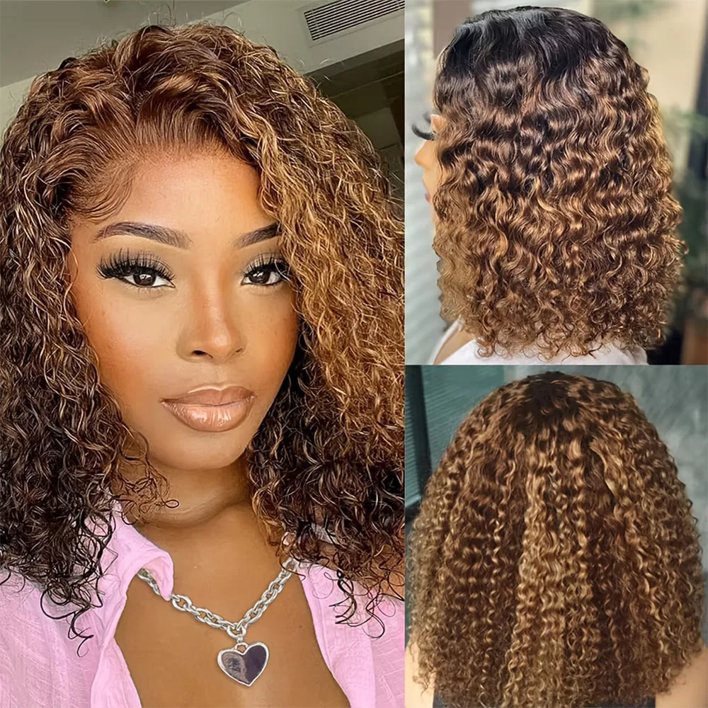 Peluca con malla Frontal ombré P4/27, cabello humano rizado sin pegamento, Bob corto, peluca Frontal de encaje transparente HD prearrancada