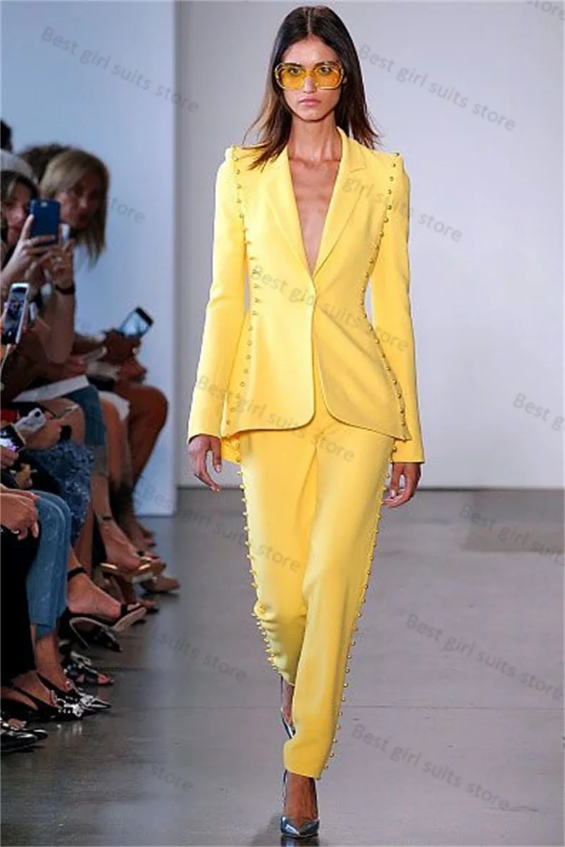 Pearls Yellow Women Suit Set 2 Pieces Blazer+Pants Guest Wedding Tuxedos Catwalk Formal Office Lady Jacket Coat Tailored Made