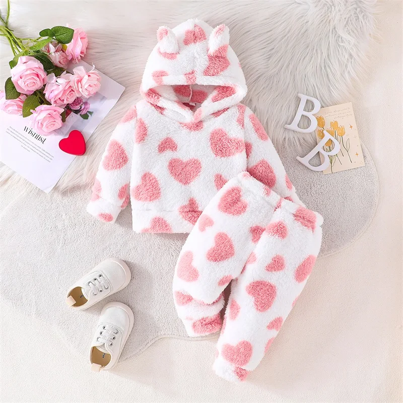 Baby Girl Valentine s Day Outfits Heart Print Hooded Long Sleeve Fleece Hoodies Long Pants 2Pcs Clothes Set