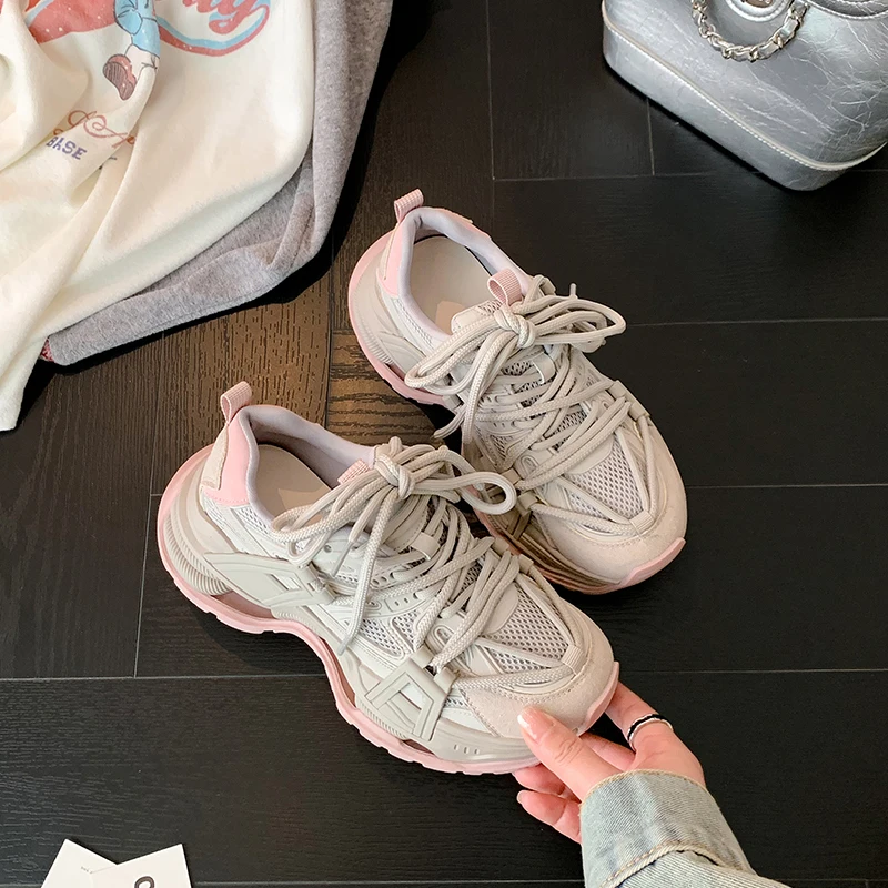 New Women Sneakers,Mesh Patchwork Thick Sole Lace-up Women Shoes,Internal Height Increase Heel Outsole Shoes