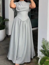 New European and American women's fashion casual simple solid color waist waist short sleeve dress