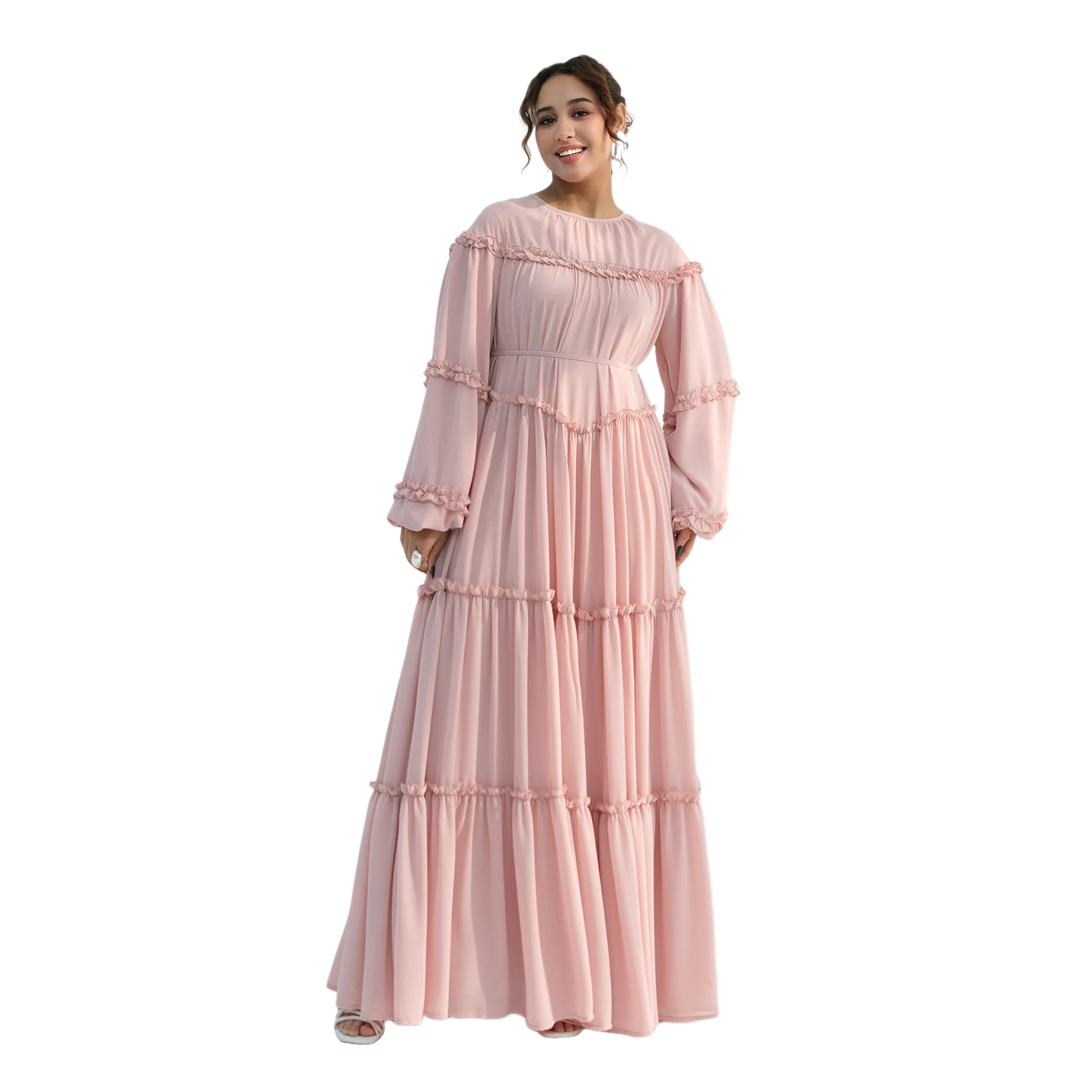 

Мусульманское женское скромное платье макси с оборками и рукавами-фонариками, длинное платье А-силуэта, исламская вечерняя одежда для Рамадана, Vestidos