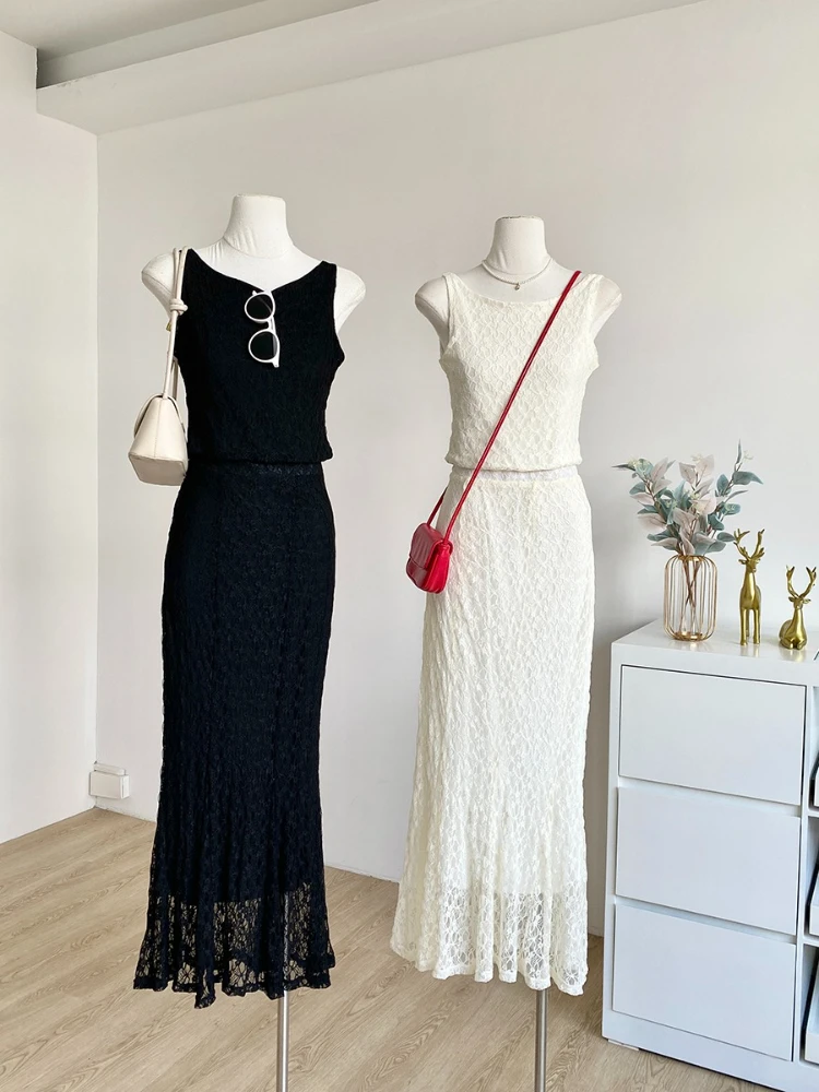 

Summer 2025 New French Style Spicy Girl Lace Embroidered Short Tank Top+High Waist Fishtail Skirt Pure Desire Style Set