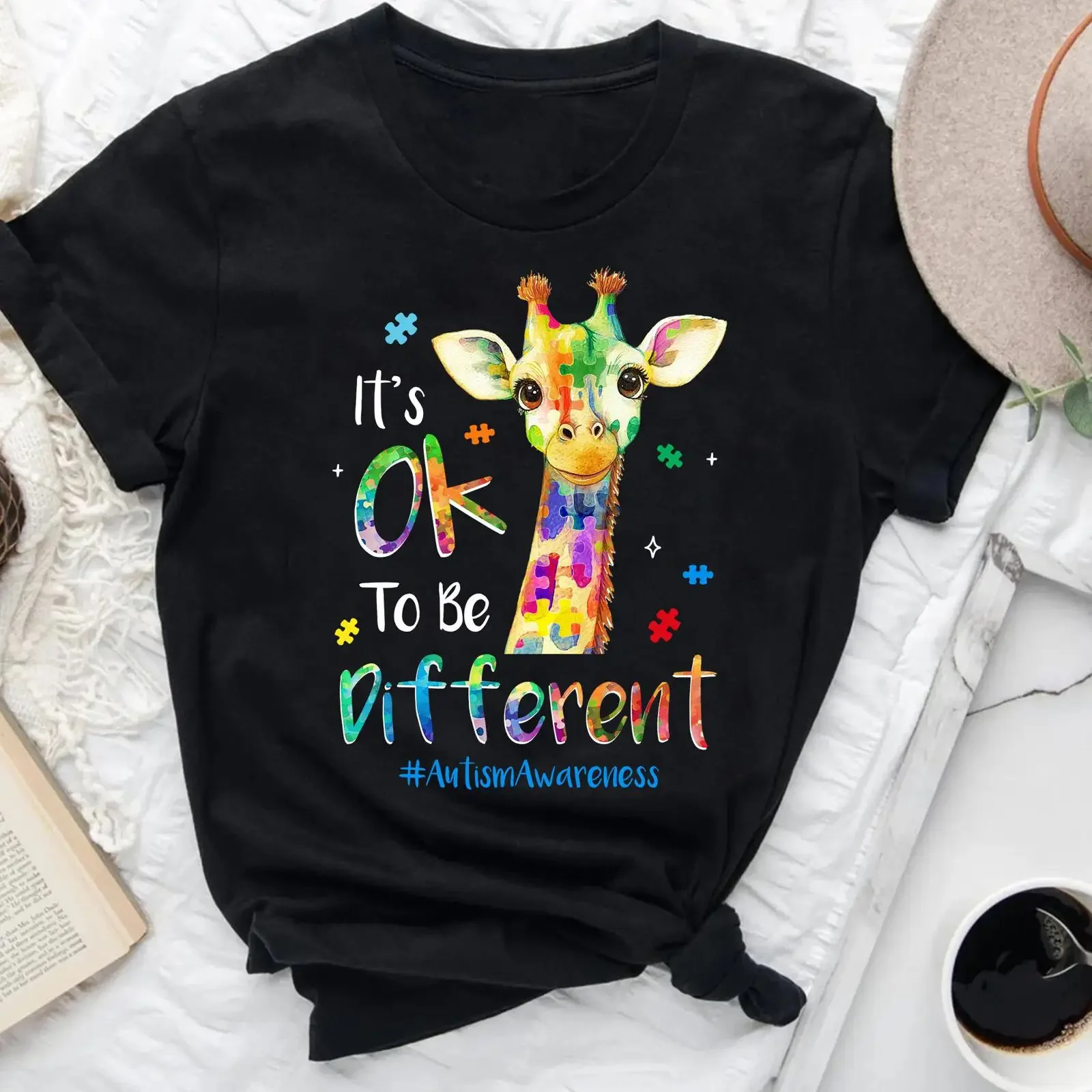 Giraffe Autism Awareness T Shirt Neurodiversity Acceptance vintage Washed Stretched Versatile Soft Unisex Slightly Breathable