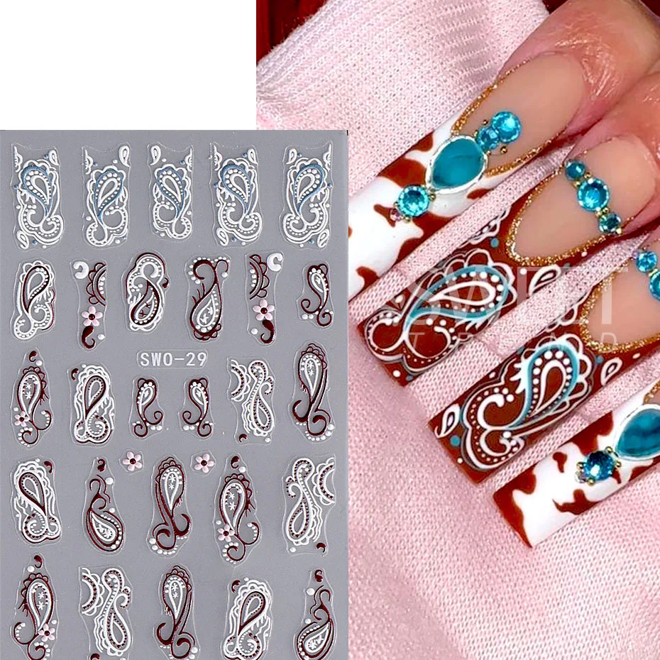 ملصق منقوش للأظافر بزهرة 5D ، بتلات أكريليك بيضاء وردية ، ملصق لاصق ، منزلقات أظافر أنيقة زهرية ، ديكور مانيكير ذاتي الصنع مريح