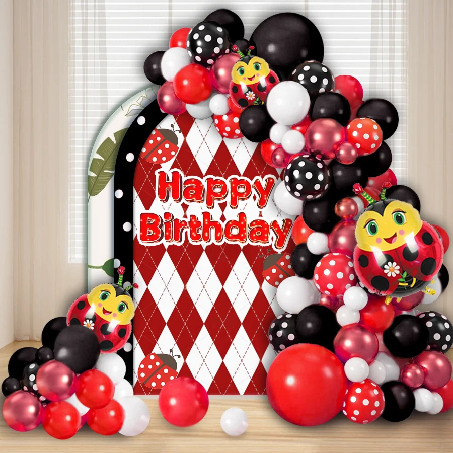 107Pcs Red and Black Ladybug Theme Party Balloon Garland Set, Black and White Red Polka Dot Balloon with Cartoon Ladybug Aluminum Foil Balloon, Suitable for Berry Birthday, Bachelor Party Celebration Set