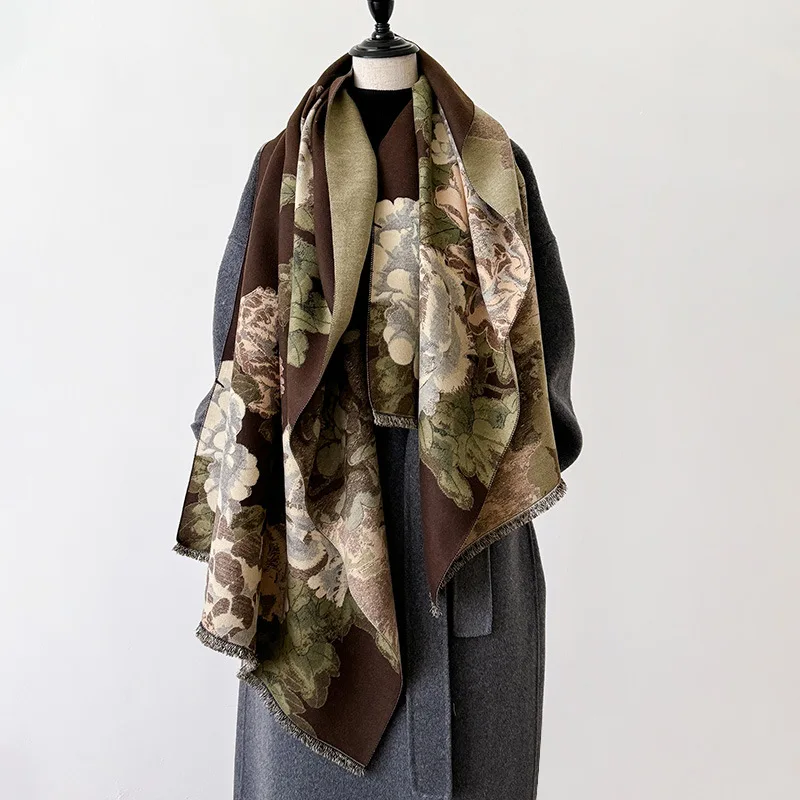Fashion Peony Flower Print Shawl Women Imitation Cashmere Warm Scarf Autumn Winter Double Sided Ladies Pashmina Cape Cloak