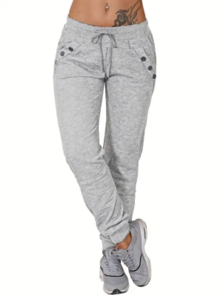 Pantalon à taille haute solide, pantalon de jogging long décontracté avec poches pour toutes les saisons, vêtements pour femmes