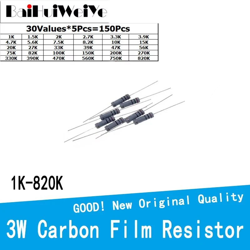 

150 шт./лот, 3 Вт, 5% комплект углеродной пленки, 30 значений * 5 шт., набор сопротивления от 1 к до 820 кОм, 3,3 К 4,7 К 5,6 К 330 К 470 К 560 К 750 К 47 К