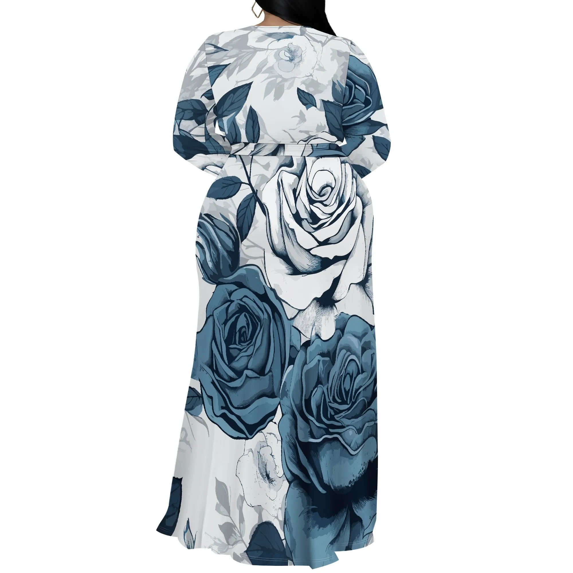 Vestido maxi plus size de manga comprida com estampa rosa azul para mulheres, vestido elegante com fenda lateral para ocasiões especiais