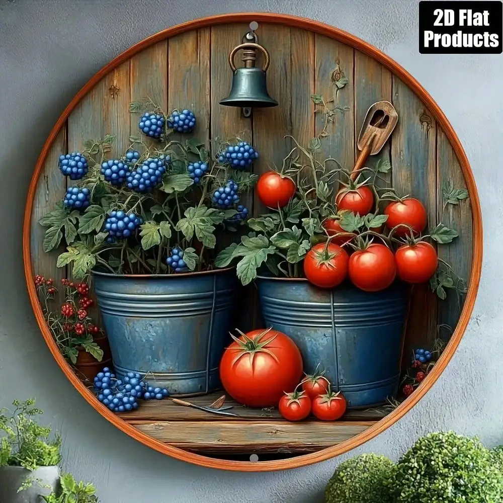 2D Flat High Definition Metal Wall Art Rustic Farmhouse Kitchen Decor Fresh Tomatoes and Blueberries in Metal Buckets Wooden Bac
