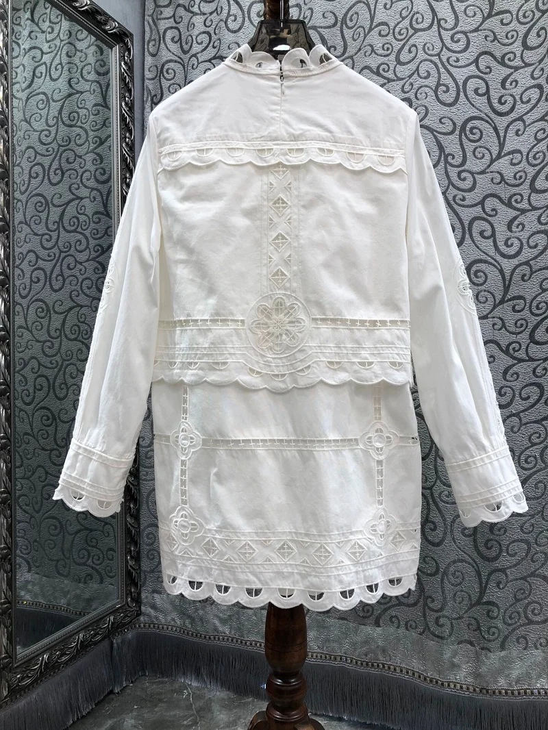 100%Cotton Dress 2024 Autumn Fashion  Women Allover Crochet Embroidery Long Sleeve White Party Club Dress Sexy Above Knee