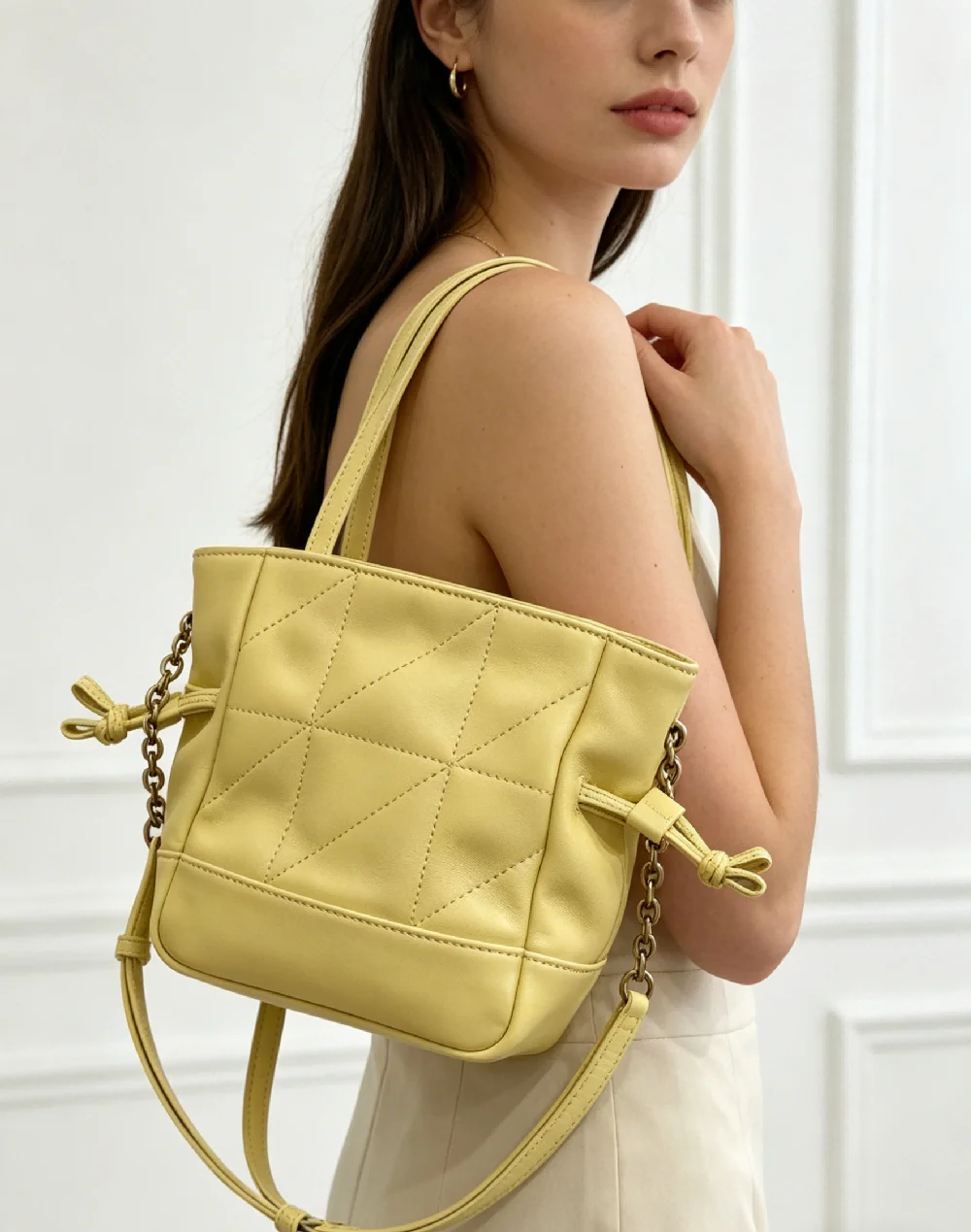 Women Yellow Drawstring Bucket Shoulder Bag, Lightweight Casual Handbag for Everyday Use and Street Fashion