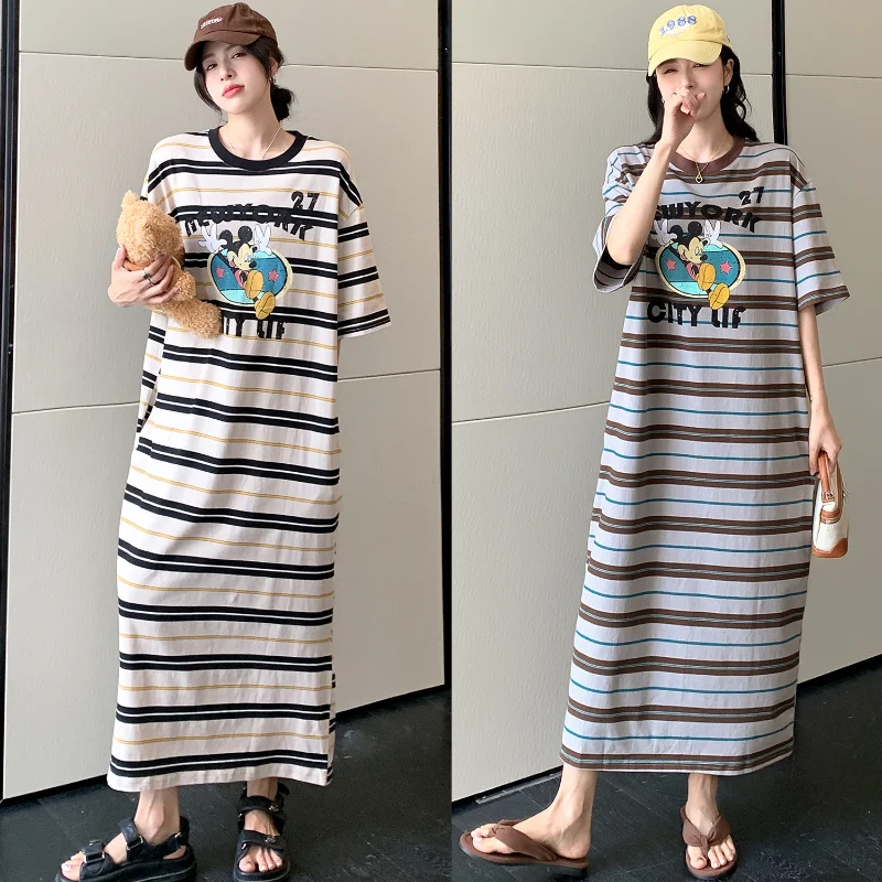 2024 Spring Summer Striped Print Women's Dresses Big Pockets T-Shirts Dress Loose Plus Size Female Robe Lady Vestidos KE56008