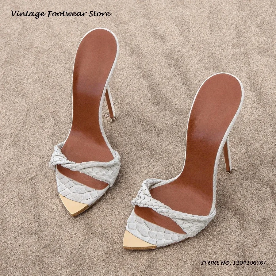 نصائح معدنية بيثون نمط البغال الملتوية مثير أشار المفتوحة تو 12 سنتيمتر سوبر عالية الكعب المرأة الربيع الصيف سحب على أحذية الحفلات #1