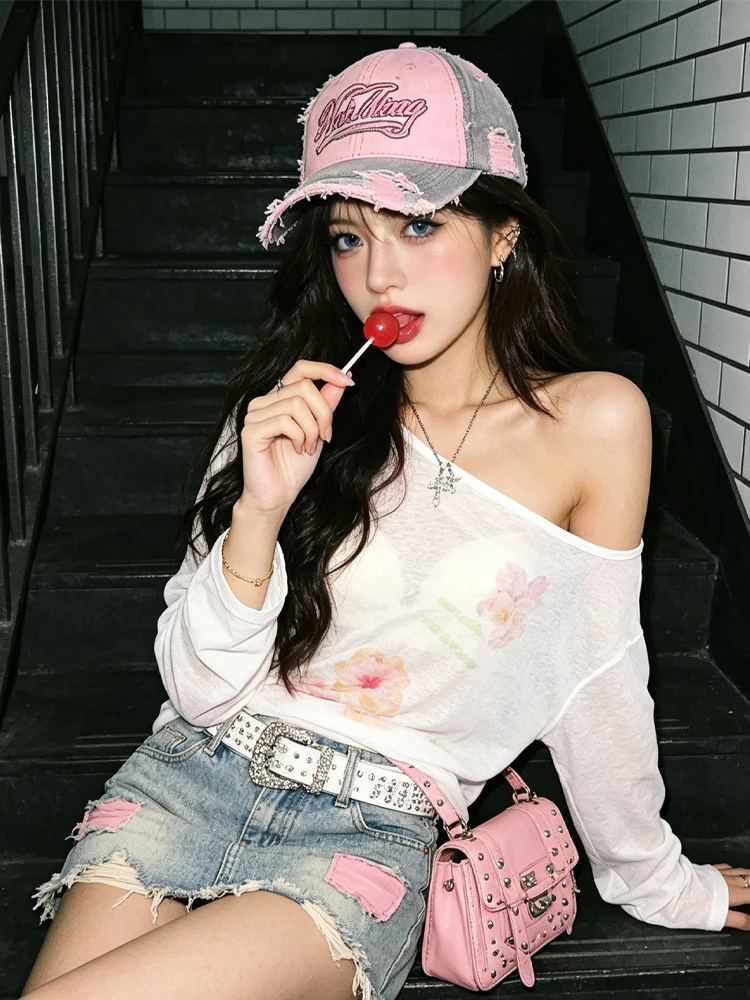 Korean Style Soft Print Long Sleeve Slim Fit round Neck T-Shirt Women's Summer New Fashion Sun Protection Top Plant Floral