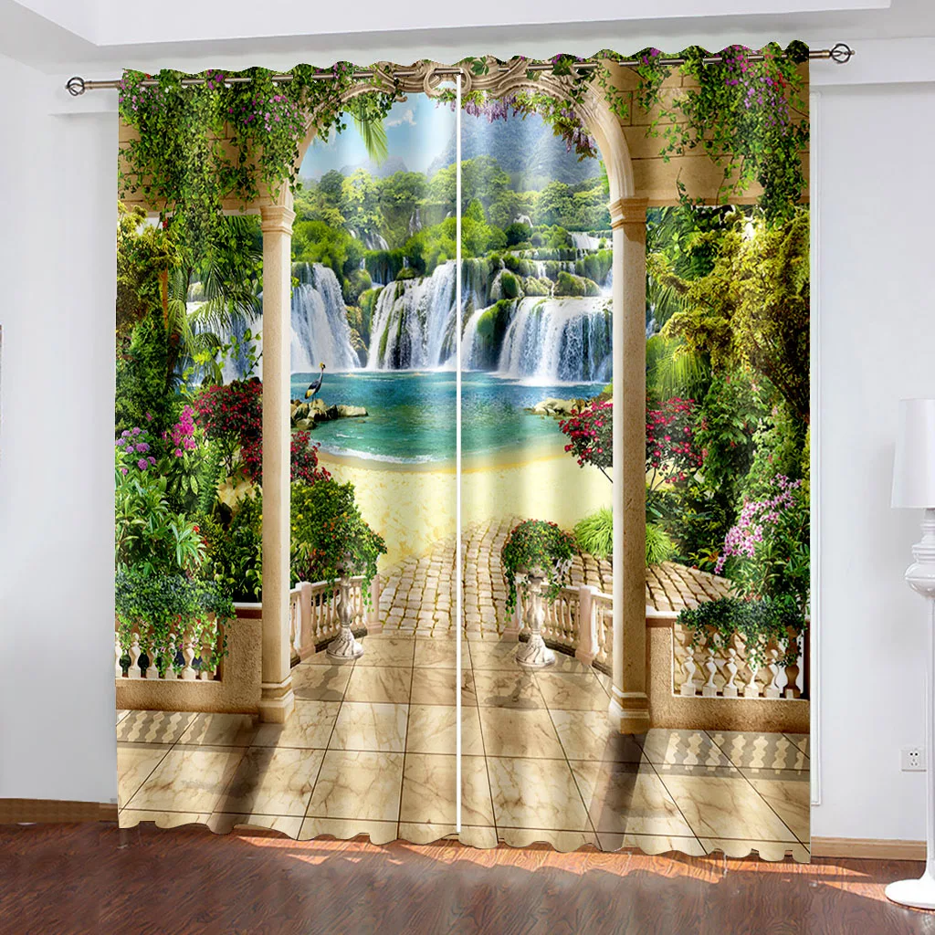 3D Polyester Window Curtains, 3D Nature Landscape, Blue Sand, Beach, Sea Palm Leaves, Shading, Bedroom, Living Room