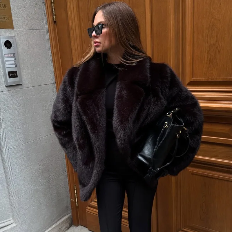 معطف فرو بني من Tuularose للنساء موضة شتاء دافئة كبيرة الحجم بياقة معطف فرو فاخر منفوش قطيفة مرقع ملابس خارجية نسائية #2