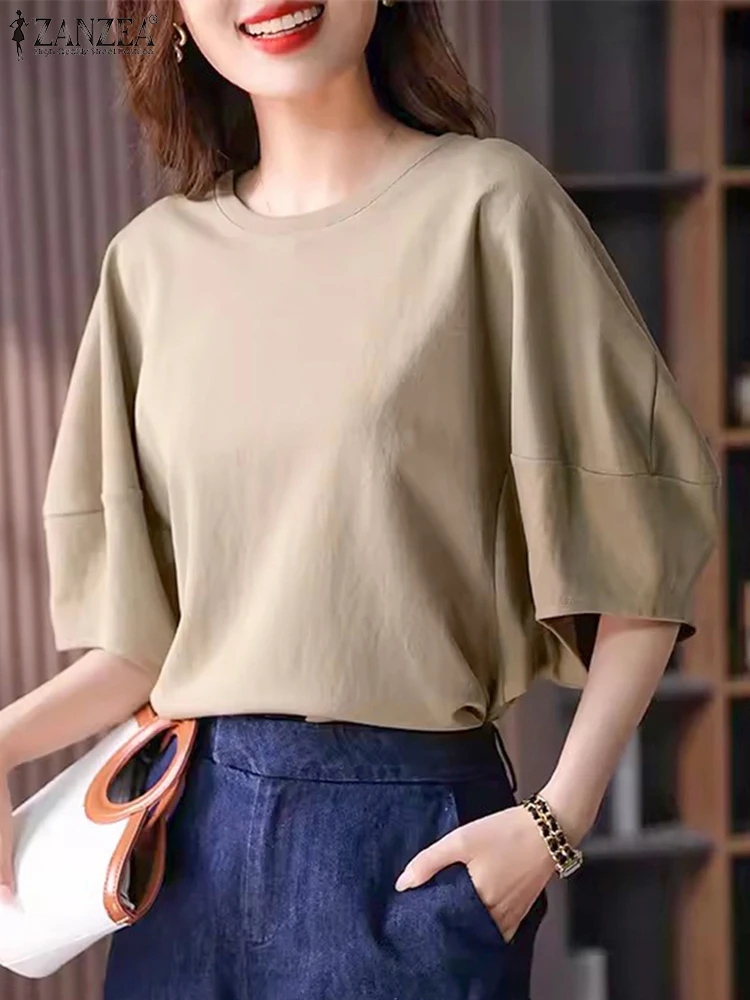 ZANZEA 2025 Zomer Bladerdeeg Mouw Elegante Blouse Vrouwen Basic Ronde Hals Tops Blusas Solid Holiday Shirts Casual Losse Tunieken Femme