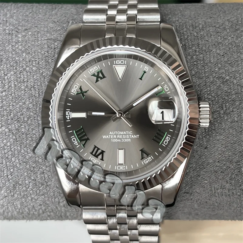 

Мужские наручные часы 36/39 мм с серым циферблатом Sunburst NH35A, темно-зеленым римским цифровым сапфировым стеклом, ремешок из нержавеющей стали