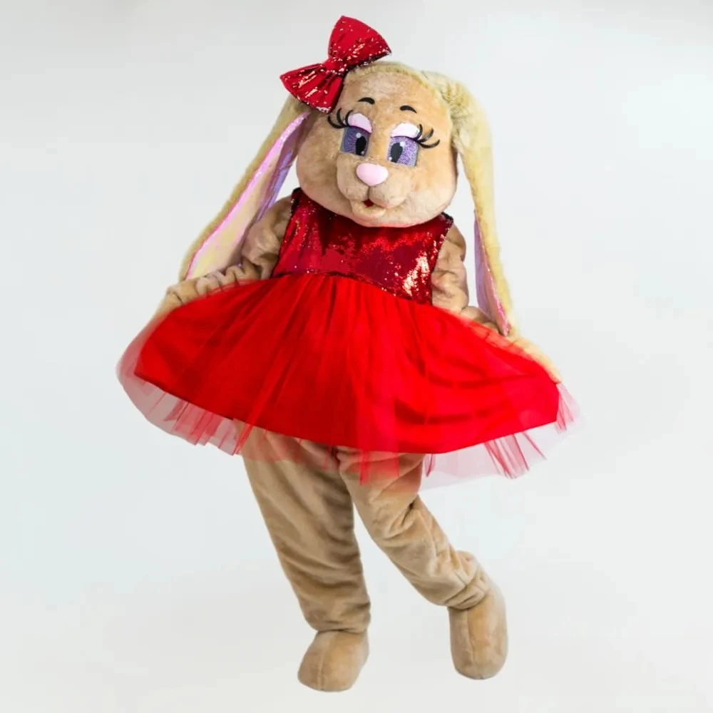 

Red Chiffon Dress Easter Bunny Rabbit Mascot Costume Adults Advertising Fancy Suits Halloween Carnival Performance Outfits