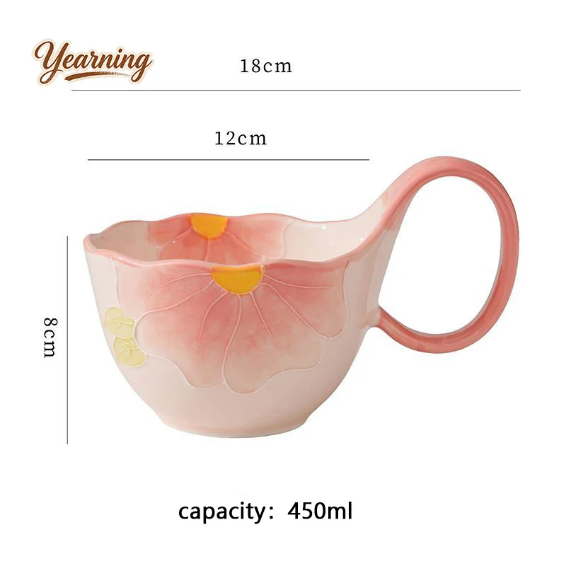 Hand Painted Relief Curved Handle Breakfast Cup Ceramic Mug High Capacity Oat Milk Coffee Mug for Women High Value