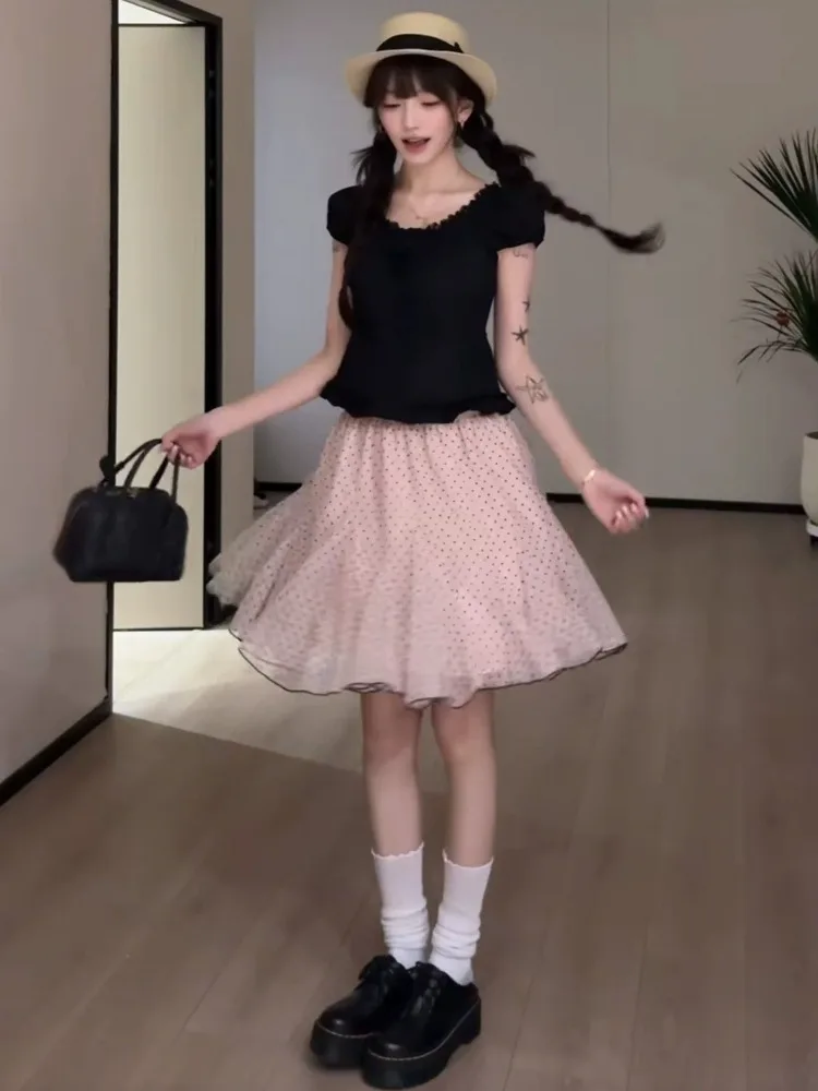 2026 Summer Women Pink Korean Style Polka Dot A-Line Skirt High Elastic Waist Slim Mini Skirt for Petite Fashion