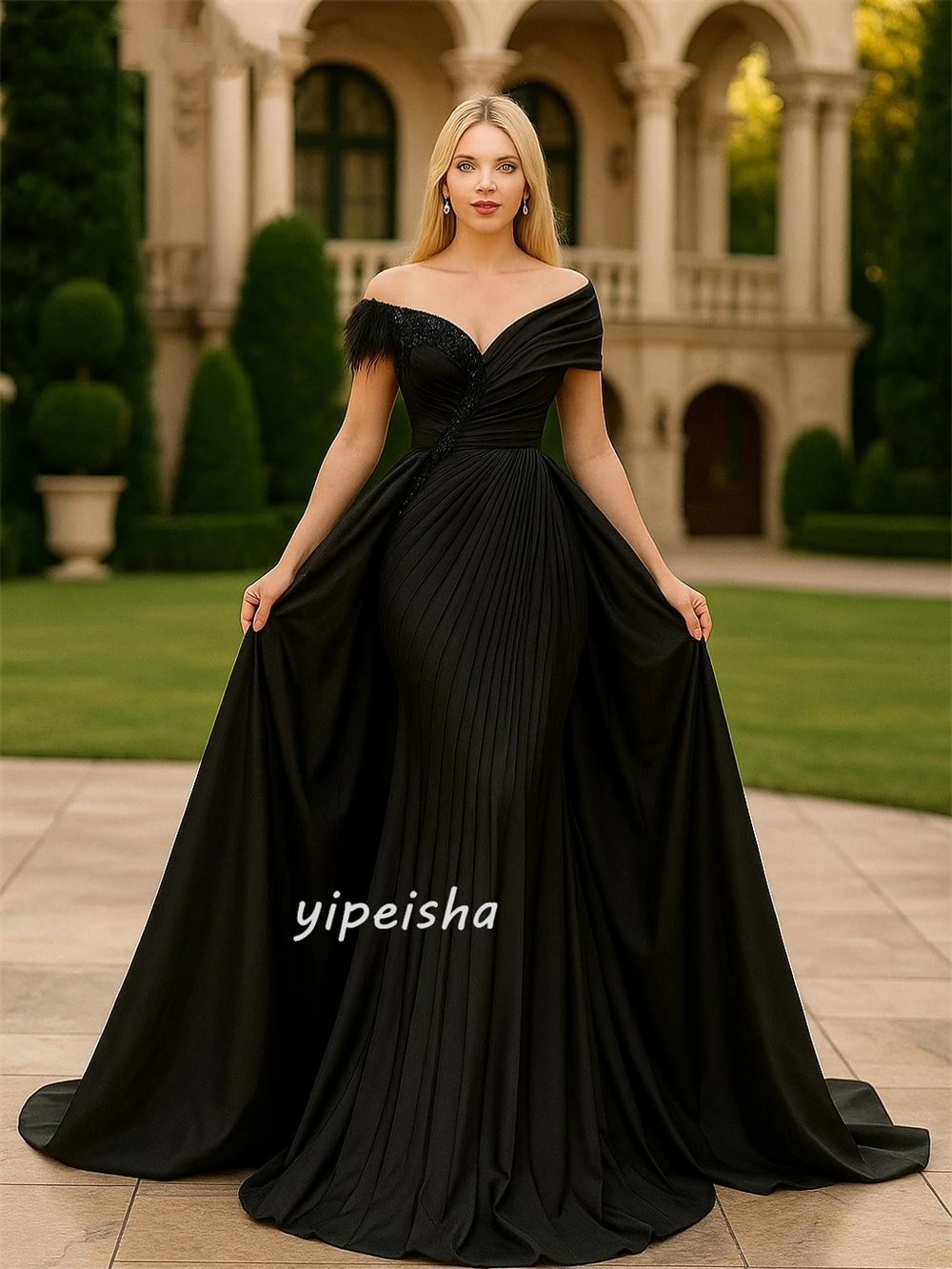 Индивидуальные высококачественные классические джерси с перьями и бисером, длинные платья трапециевидной формы с открытыми плечами, модные платья для особых случаев на заказ