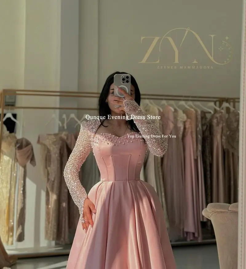 Qunque Dusty Pink Satin Evening Dress Luxury Pearls Sweetheart Floor Length Prom Gowns With Jacket Formal Customized Party Dress