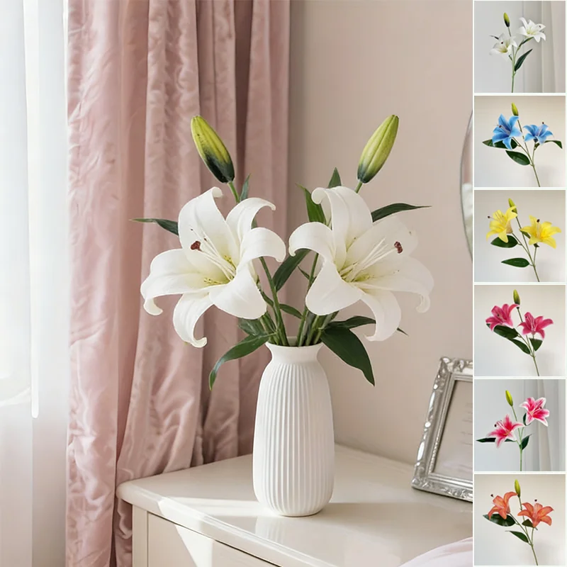 

65cm 2-Head Artificial Lily Silk Flower 3D Printing Realistic Fake Flower for Home Dining Table Wedding Garden Party Decoration
