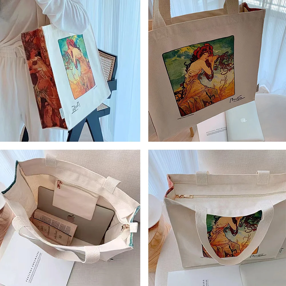 Canvas Tote Bag Aesthetic Vintage, Oil Painting Graphic Trendy School Tote Bags with Zipper Interior Pockets Shoulder Tote Bags