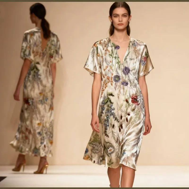 Luxury Real 100% Mulberry Silk Fabric Print Purple Floral Design Women Dress 16mm Crepe Chine Cloth 138cm Wide Sewing Tissus