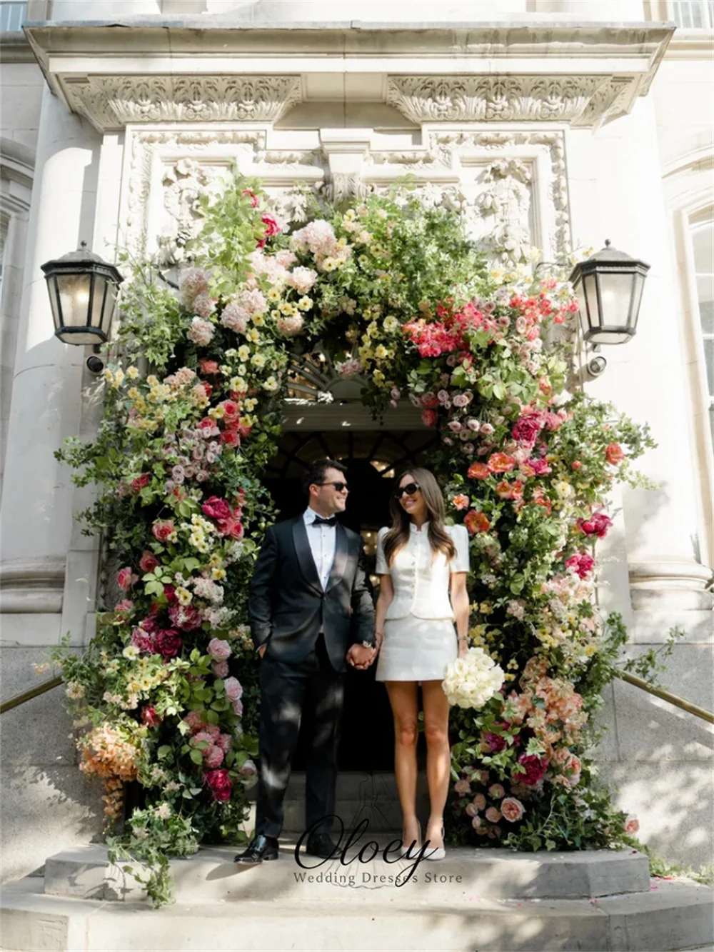 OLOEY Elegant Two Piece High Neck Bridal Gown Satin Short Sleeve Mini Wedding Dresses For Woman 2026 Customized Lawn Wedding