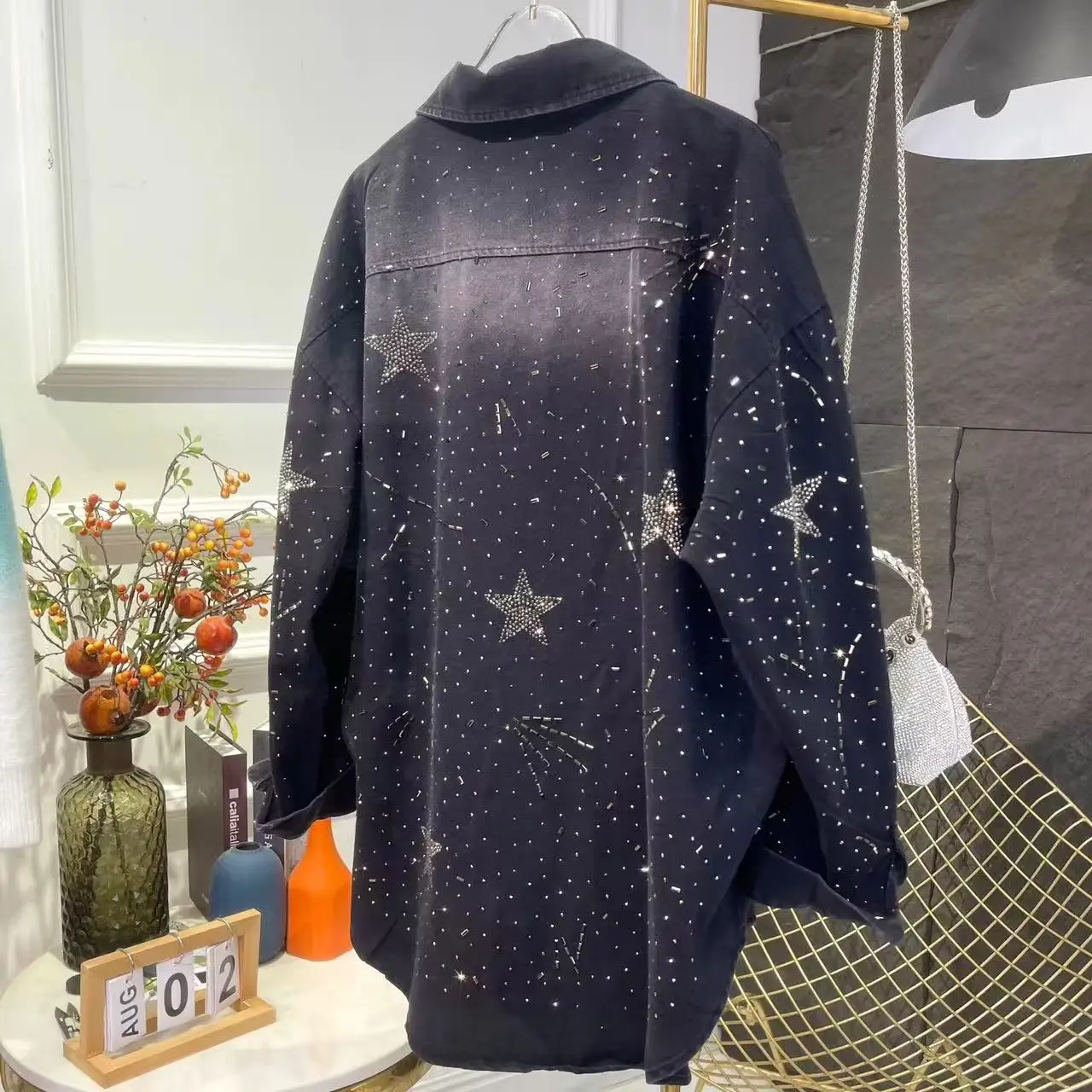 Luxury Style Sparkle Star Diamonds Hot Drilling Denim Coat For Women's Loose Casual Fashion Denim Jacket Top Woman Clothes