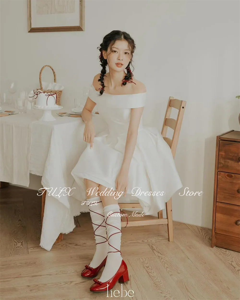 

TULX Mini Ivory Satin Korea Wedding Photo Shoot Dress A line Off Shoulder Short Birthday Party Dresses Corset 웨딩드레스 Customized