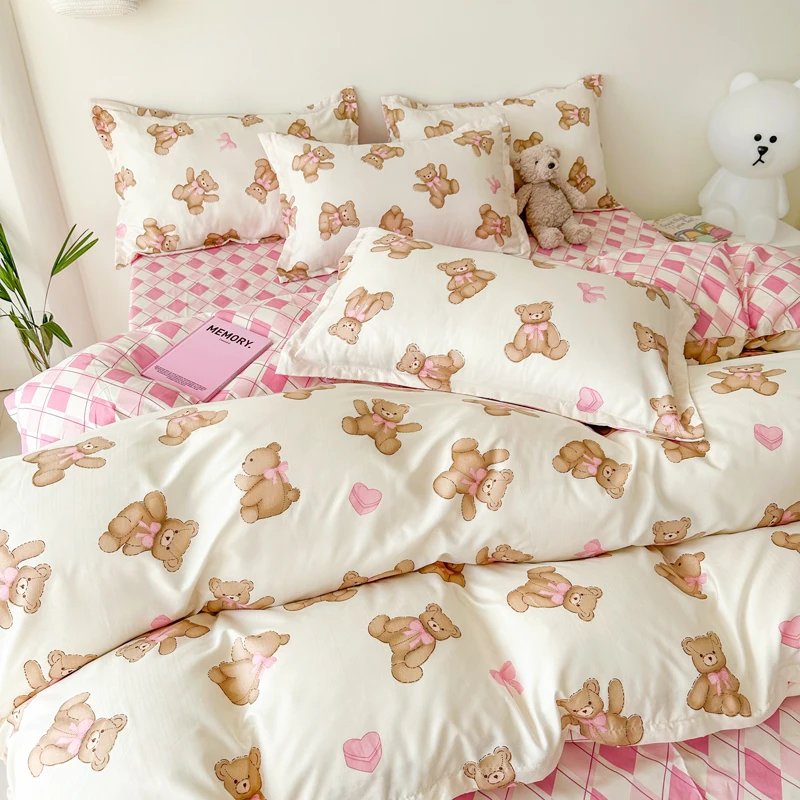 Cartoon Bear Duvet Cover with 2 Pillowcases Girls Room Pink Plaid Reversible Comforter Covers Cute Bow Bedding Quilt Cover Set